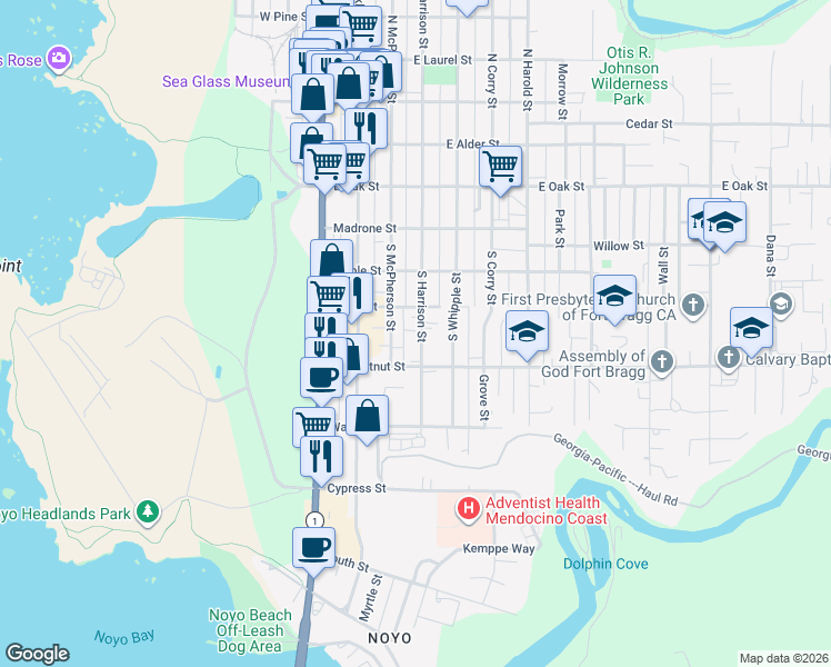 map of restaurants, bars, coffee shops, grocery stores, and more near 443 South Harrison Street in Fort Bragg