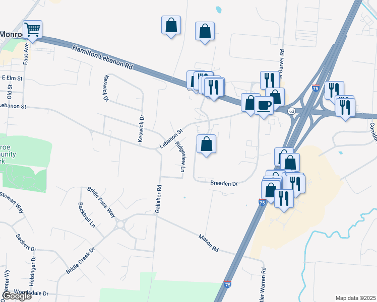 map of restaurants, bars, coffee shops, grocery stores, and more near 719 East Arielle Court in Monroe