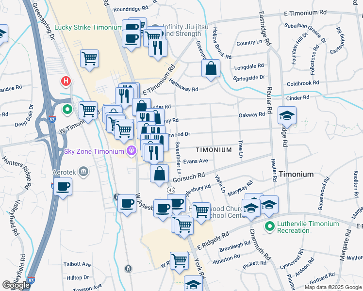 map of restaurants, bars, coffee shops, grocery stores, and more near 18 Belfast Road in Lutherville-Timonium