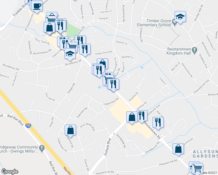 map of restaurants, bars, coffee shops, grocery stores, and more near 11316 Reisterstown Road in Owings Mills