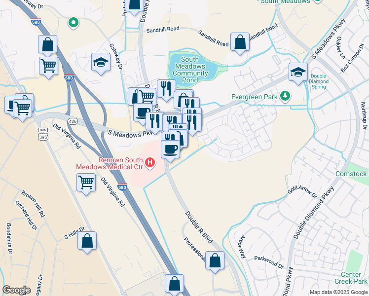 map of restaurants, bars, coffee shops, grocery stores, and more near 750 South Meadows Parkway in Reno
