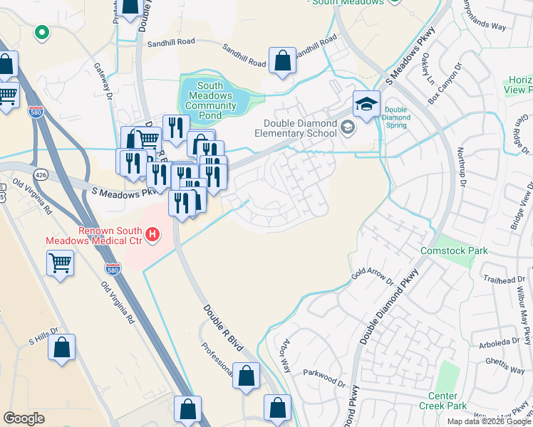 map of restaurants, bars, coffee shops, grocery stores, and more near 900 South Meadows Parkway in Reno