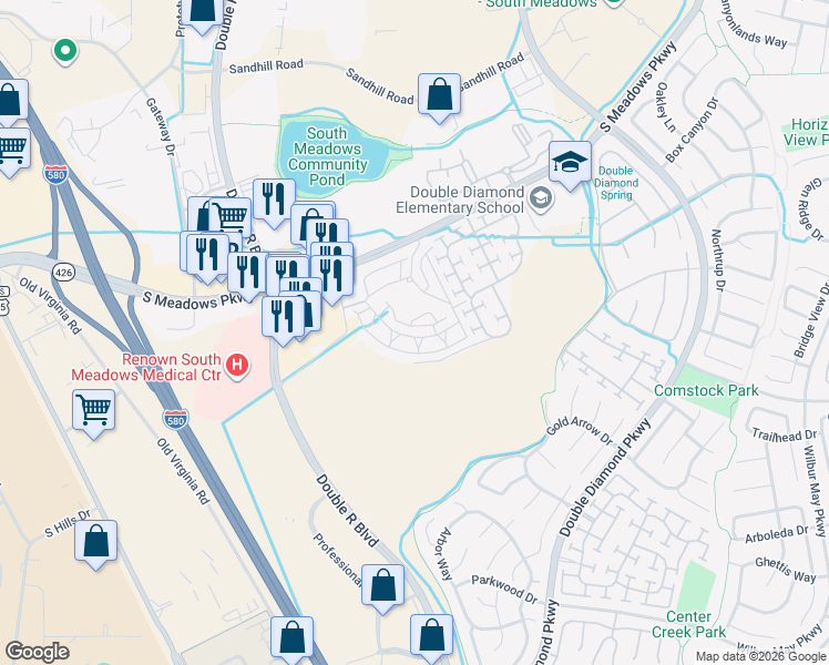 map of restaurants, bars, coffee shops, grocery stores, and more near 900 South Meadows Parkway in Reno