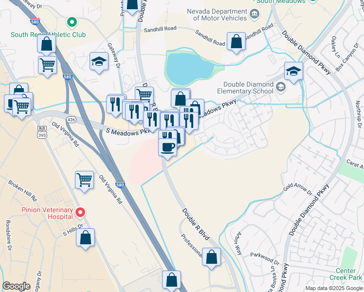 map of restaurants, bars, coffee shops, grocery stores, and more near 770 S Meadows Pkwy in Reno
