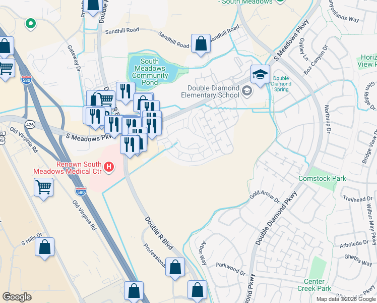 map of restaurants, bars, coffee shops, grocery stores, and more near 900 South Meadows Parkway in Reno