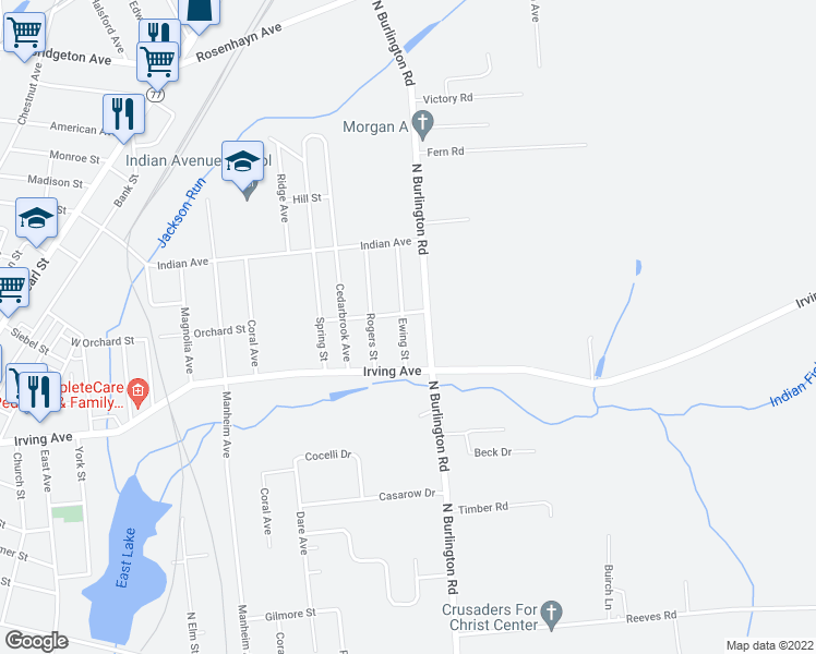 map of restaurants, bars, coffee shops, grocery stores, and more near 25 Ewing Street in Bridgeton