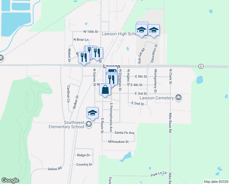 map of restaurants, bars, coffee shops, grocery stores, and more near in Lawson