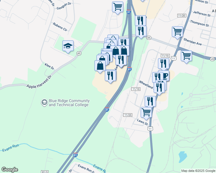 map of restaurants, bars, coffee shops, grocery stores, and more near 436 Retail Commons Parkway in Martinsburg