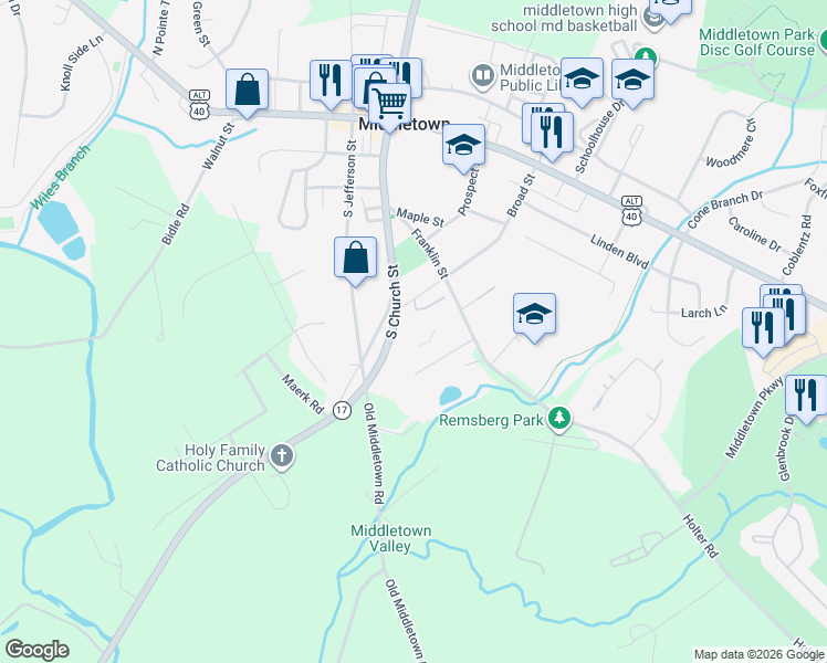 map of restaurants, bars, coffee shops, grocery stores, and more near 312 Broad Street in Middletown