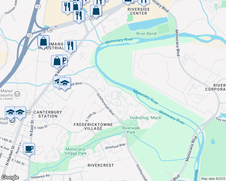 map of restaurants, bars, coffee shops, grocery stores, and more near 901 Blue Leaf Court in Frederick