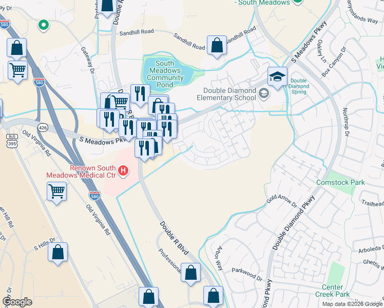 map of restaurants, bars, coffee shops, grocery stores, and more near 900 South Meadows Parkway in Reno
