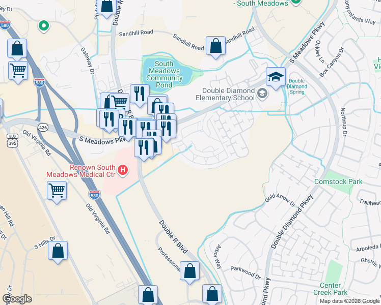 map of restaurants, bars, coffee shops, grocery stores, and more near 900 South Meadows Parkway in Reno
