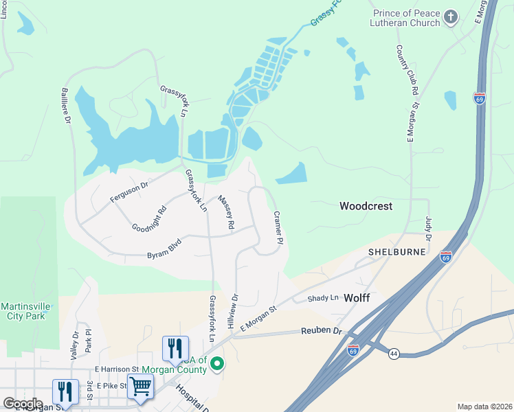 map of restaurants, bars, coffee shops, grocery stores, and more near 235 Hillview Drive in Martinsville