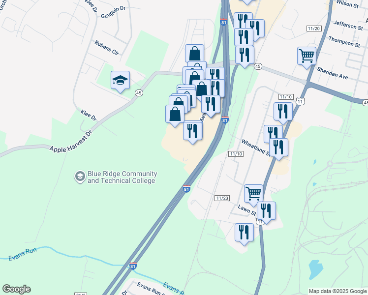 map of restaurants, bars, coffee shops, grocery stores, and more near 436 Retail Commons Parkway in Martinsburg