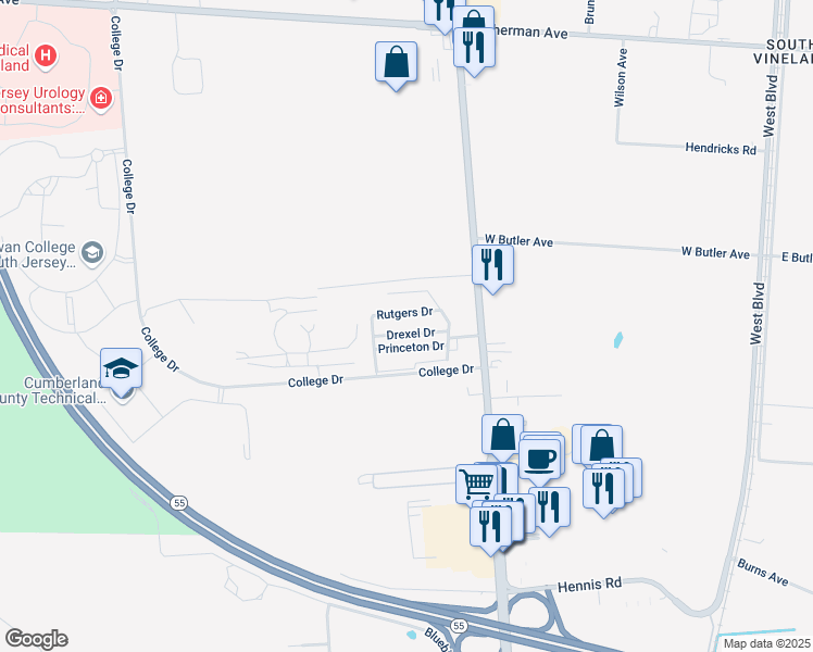 map of restaurants, bars, coffee shops, grocery stores, and more near 103 Rutgers Drive in Vineland