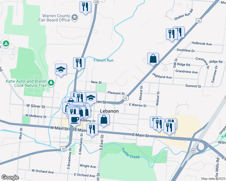 map of restaurants, bars, coffee shops, grocery stores, and more near 2 North Lane in Lebanon