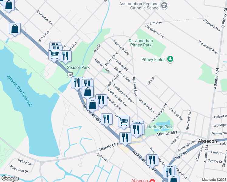 map of restaurants, bars, coffee shops, grocery stores, and more near 925 Shelburne Avenue in Absecon