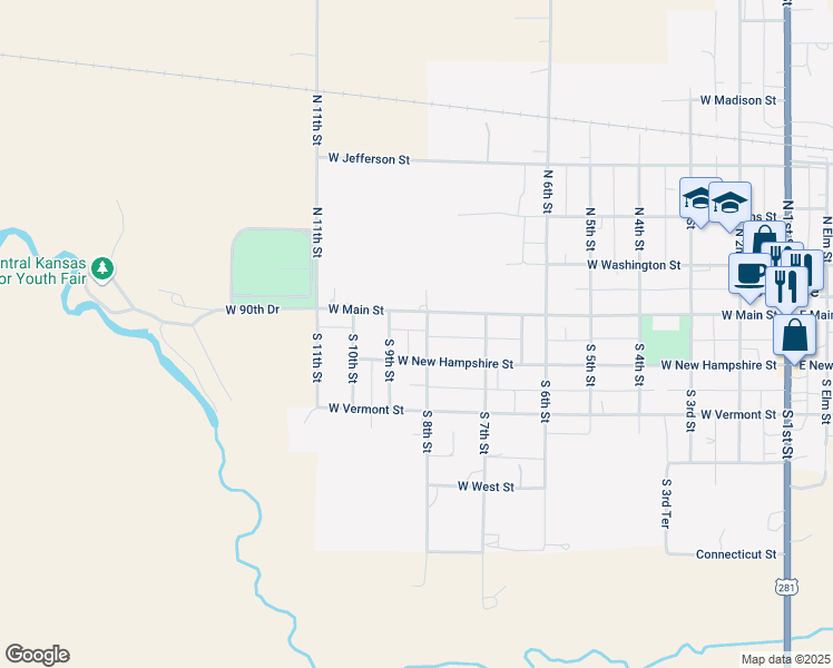 map of restaurants, bars, coffee shops, grocery stores, and more near 825 West Main Street in Osborne