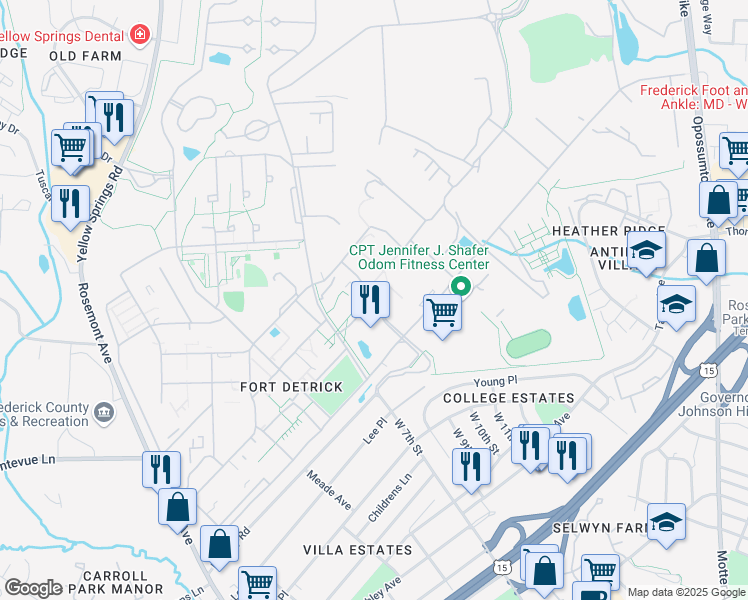 map of restaurants, bars, coffee shops, grocery stores, and more near Veterans Drive in Frederick