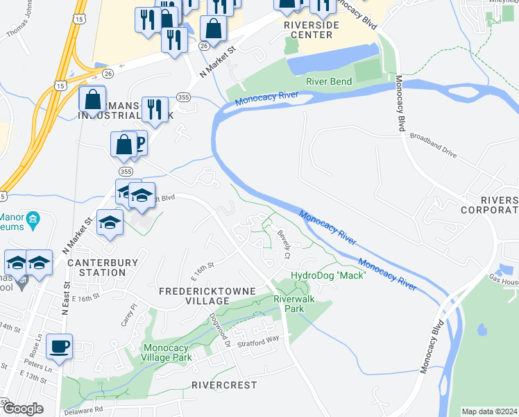 map of restaurants, bars, coffee shops, grocery stores, and more near 903 Blueleaf Court in Frederick