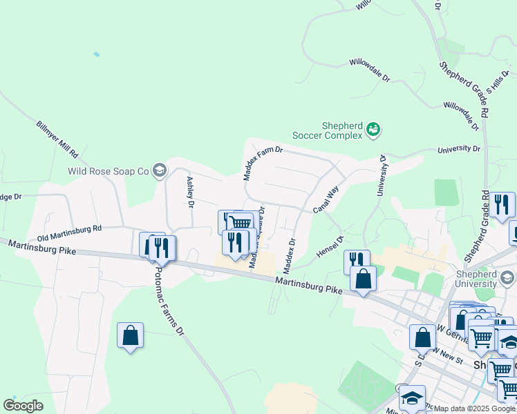 map of restaurants, bars, coffee shops, grocery stores, and more near 181 Maddex Farm Drive in Shepherdstown