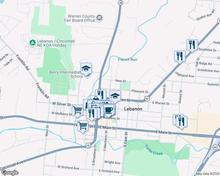 map of restaurants, bars, coffee shops, grocery stores, and more near 313 North Mechanic Street in Lebanon