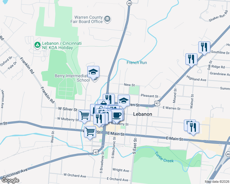 map of restaurants, bars, coffee shops, grocery stores, and more near 313 North Mechanic Street in Lebanon