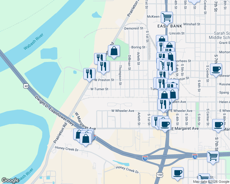 map of restaurants, bars, coffee shops, grocery stores, and more near 2700 Jefferson Street in Terre Haute
