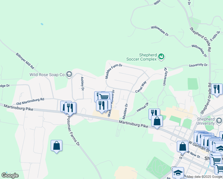 map of restaurants, bars, coffee shops, grocery stores, and more near 181 Maddex Farm Drive in Shepherdstown