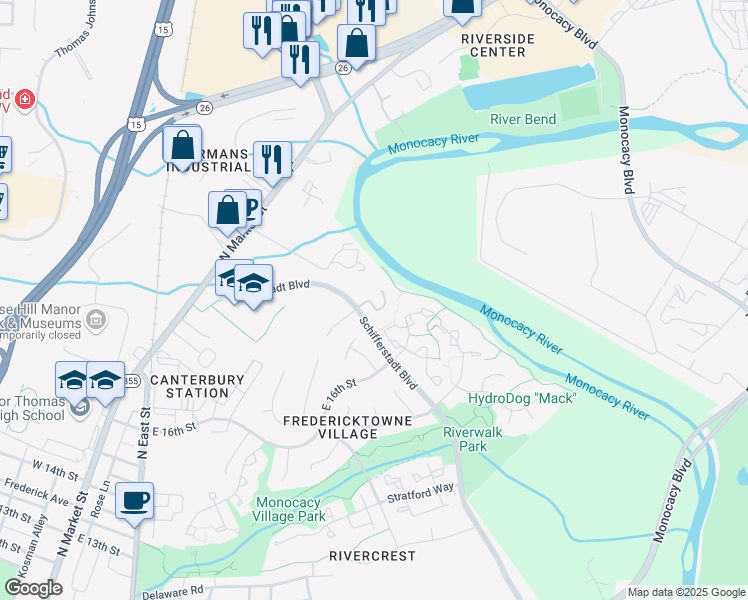 map of restaurants, bars, coffee shops, grocery stores, and more near 905 Turning Point Court in Frederick