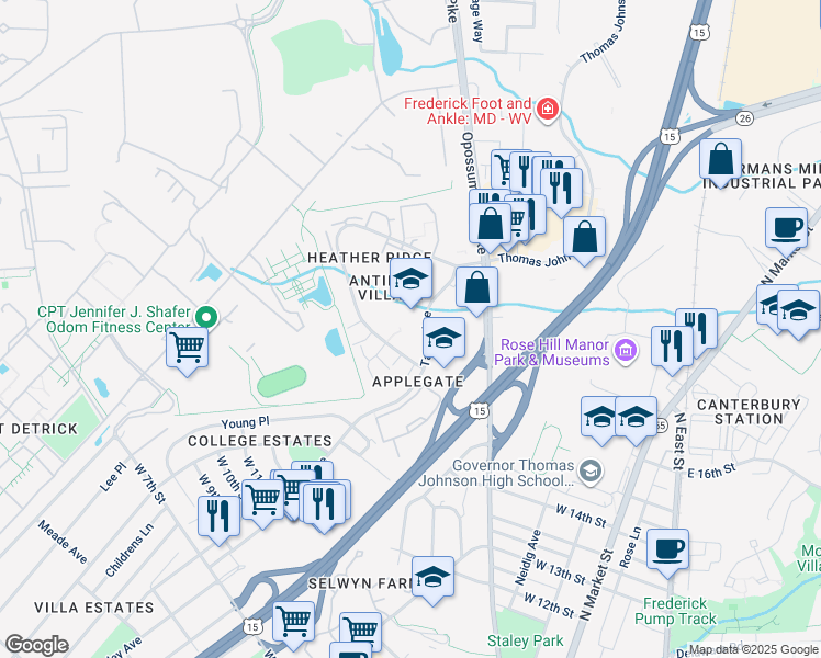 map of restaurants, bars, coffee shops, grocery stores, and more near 1445 Taney Avenue in Frederick