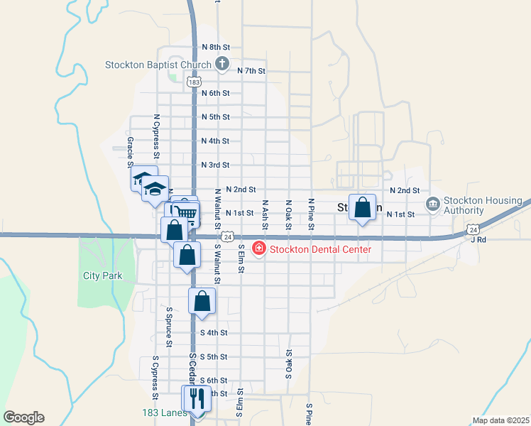 map of restaurants, bars, coffee shops, grocery stores, and more near 700 North 1st Street in Stockton