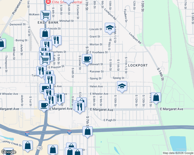 map of restaurants, bars, coffee shops, grocery stores, and more near 800-850 Spang St in Terre Haute