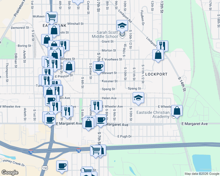 map of restaurants, bars, coffee shops, grocery stores, and more near 800-850 Spang St in Terre Haute