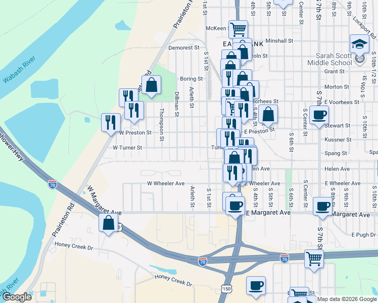 map of restaurants, bars, coffee shops, grocery stores, and more near 2700 Dillman Street in Terre Haute