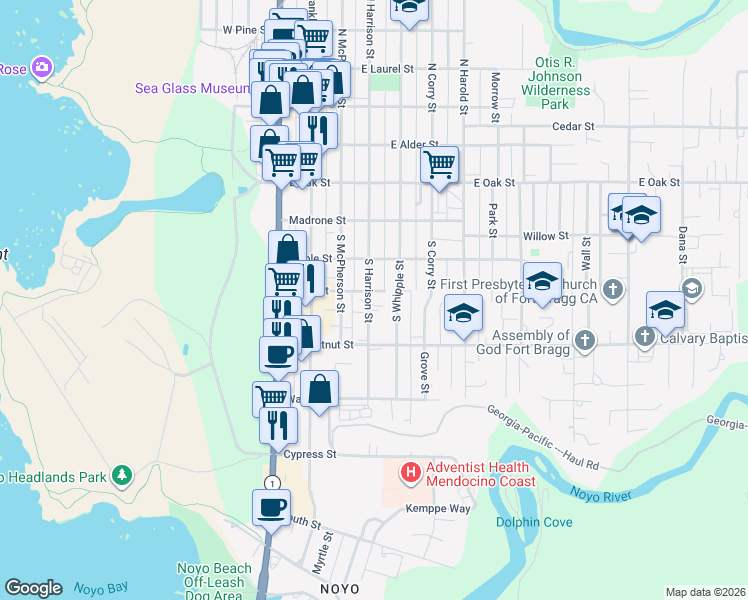 map of restaurants, bars, coffee shops, grocery stores, and more near 410 South Harrison Street in Fort Bragg