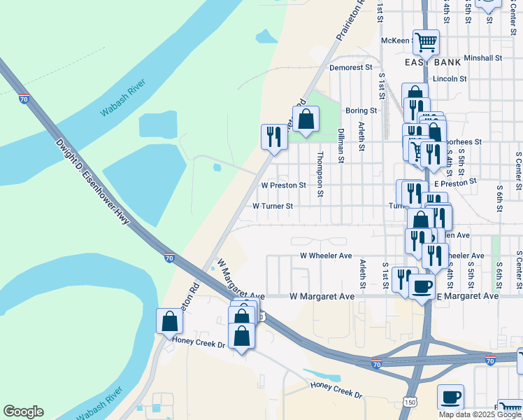 map of restaurants, bars, coffee shops, grocery stores, and more near 2708 Jackson Street in Terre Haute