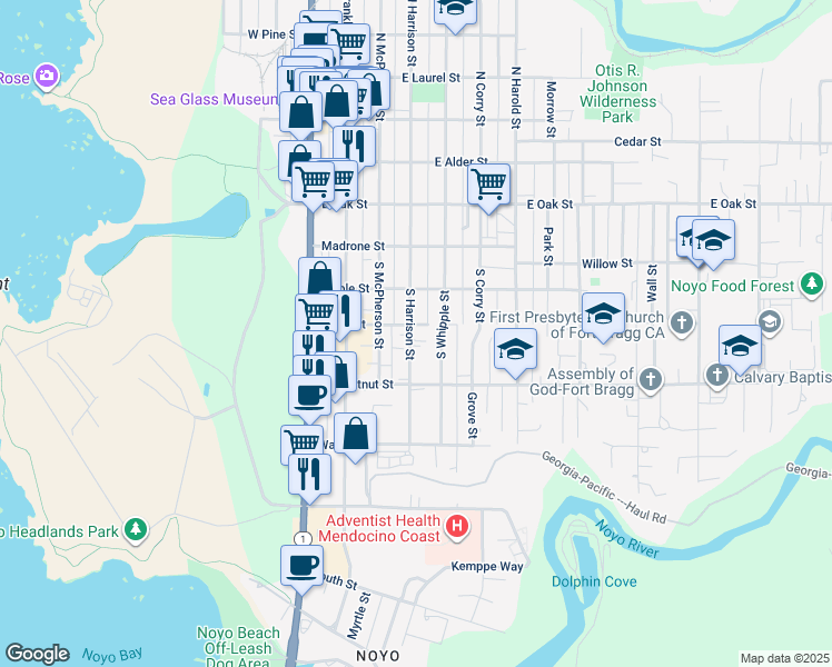 map of restaurants, bars, coffee shops, grocery stores, and more near 410 South Harrison Street in Fort Bragg