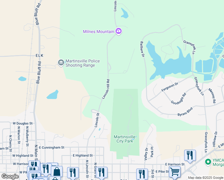 map of restaurants, bars, coffee shops, grocery stores, and more near 823 Lincoln Street in Martinsville