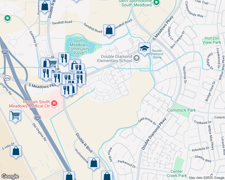 map of restaurants, bars, coffee shops, grocery stores, and more near 9705 Ripple Way in Reno