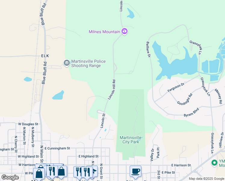 map of restaurants, bars, coffee shops, grocery stores, and more near 823 Lincoln Street in Martinsville