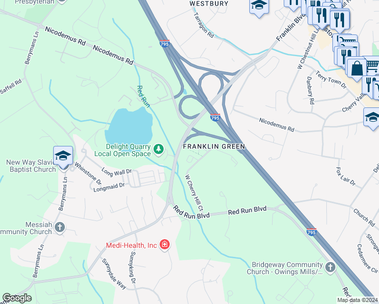 map of restaurants, bars, coffee shops, grocery stores, and more near 341 Cherrystone Court in Reisterstown