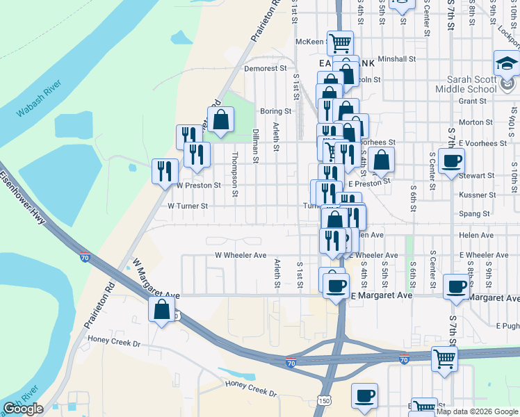 map of restaurants, bars, coffee shops, grocery stores, and more near 2700 Dillman Street in Terre Haute