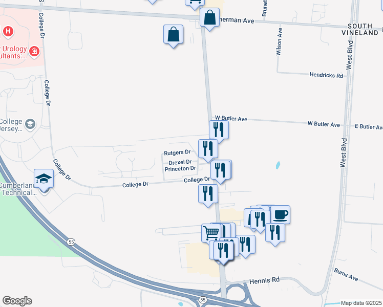 map of restaurants, bars, coffee shops, grocery stores, and more near 103 Rutgers Drive in Vineland