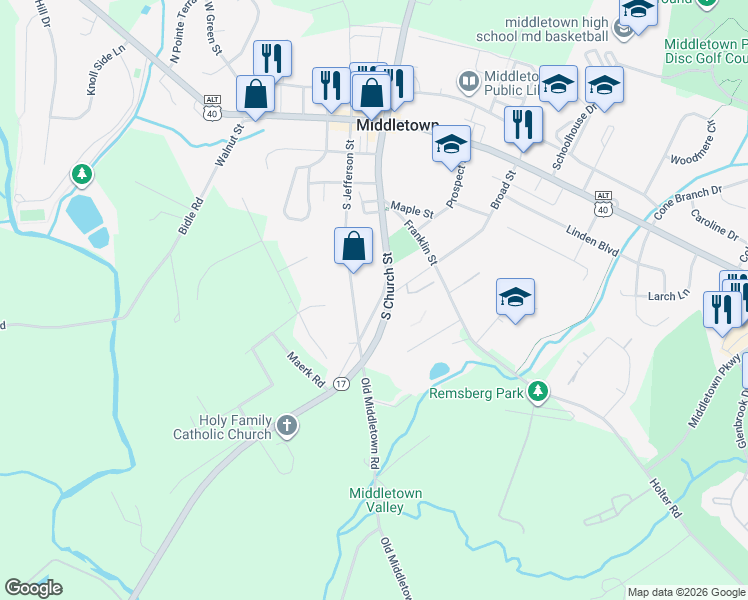 map of restaurants, bars, coffee shops, grocery stores, and more near 327 Maryland 17 in Middletown