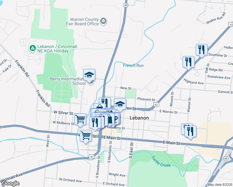 map of restaurants, bars, coffee shops, grocery stores, and more near 315 North Cherry Street in Lebanon