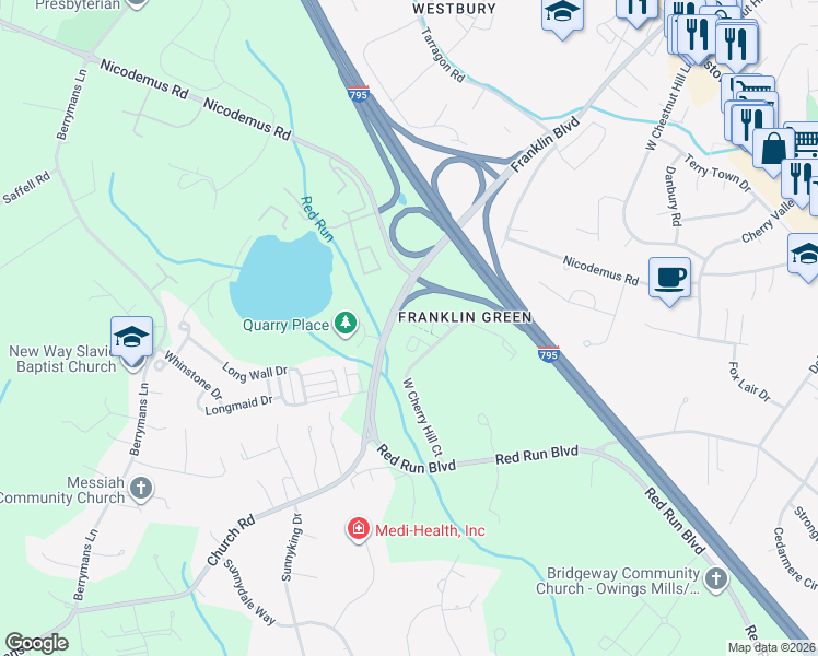 map of restaurants, bars, coffee shops, grocery stores, and more near 337 Cherrystone Court in Reisterstown