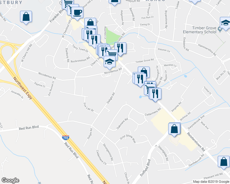 map of restaurants, bars, coffee shops, grocery stores, and more near 19 Delight Road in Reisterstown