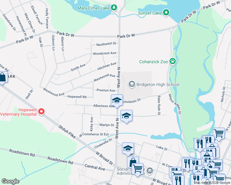 map of restaurants, bars, coffee shops, grocery stores, and more near 108 West Avenue North in Bridgeton