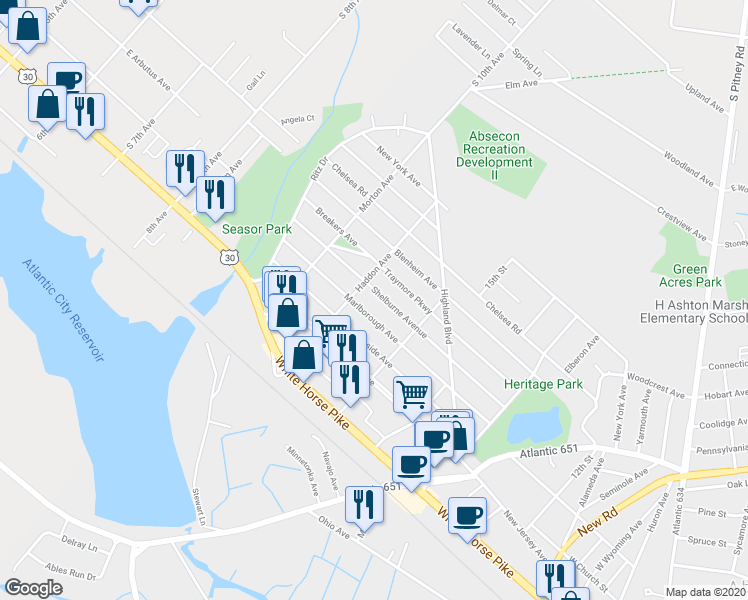 map of restaurants, bars, coffee shops, grocery stores, and more near 925 Shelburne Ave in Absecon